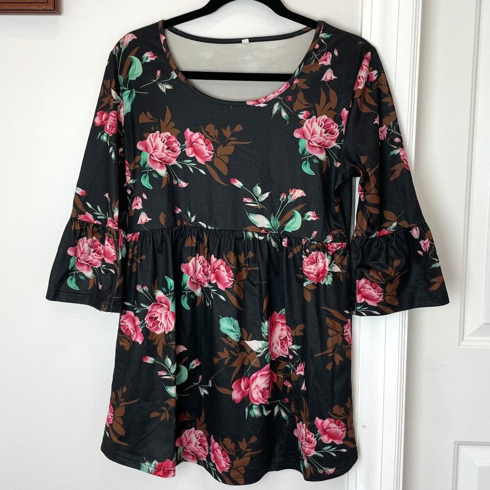 MATERNITY Black Floral Peplum Top - 3/4 sleeves